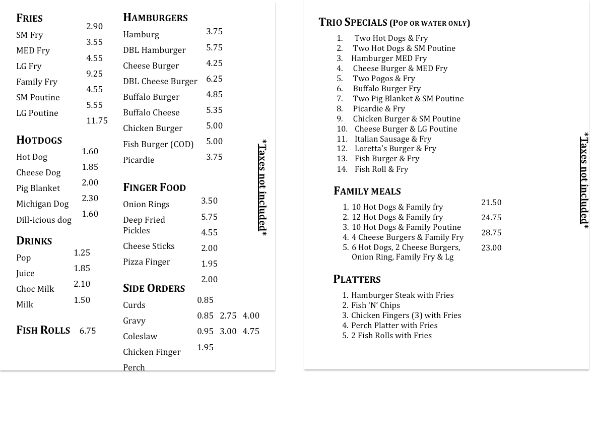 Loretta's Chip Wagon Menu