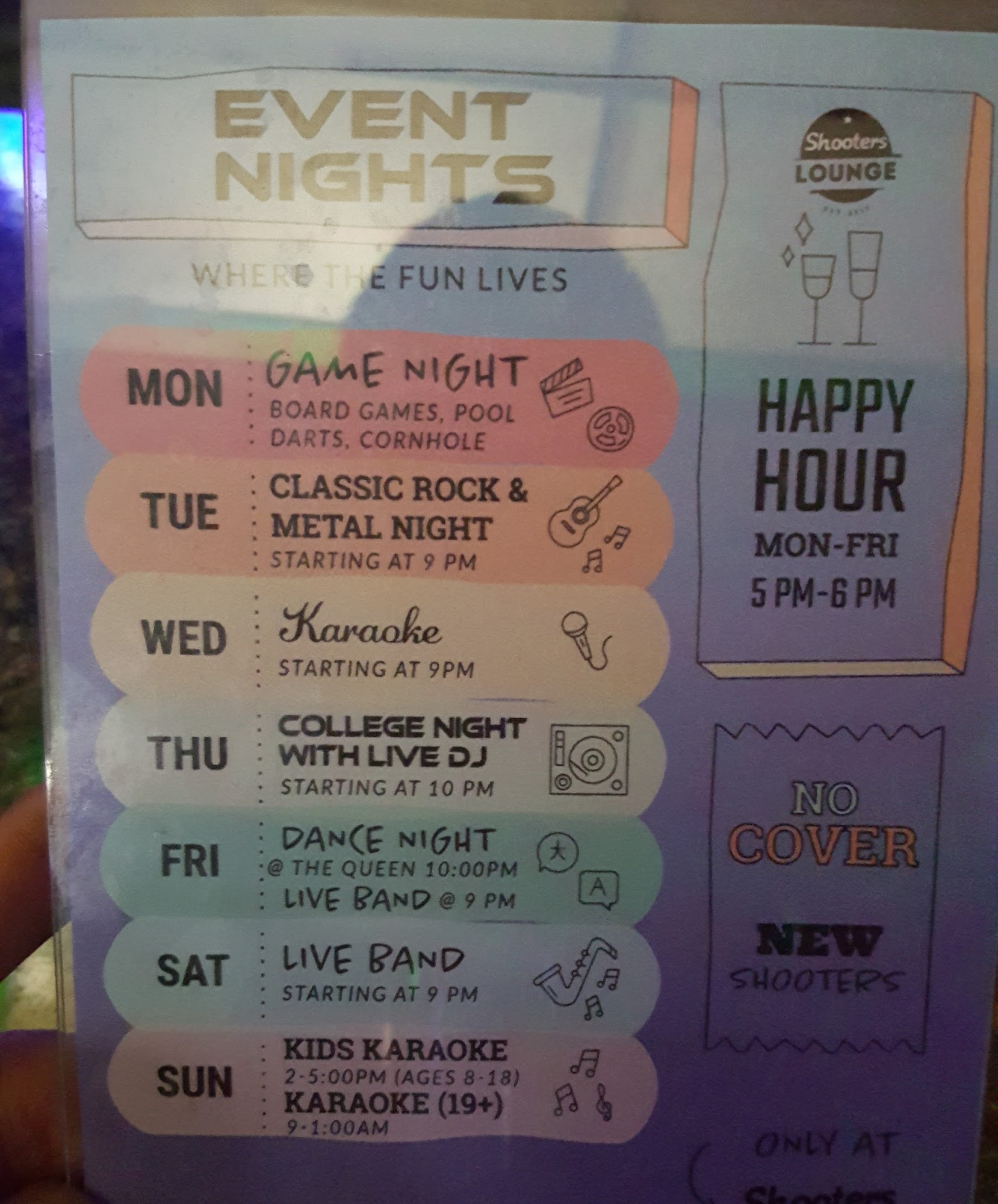 Shooters Downstairs Lounge Menu