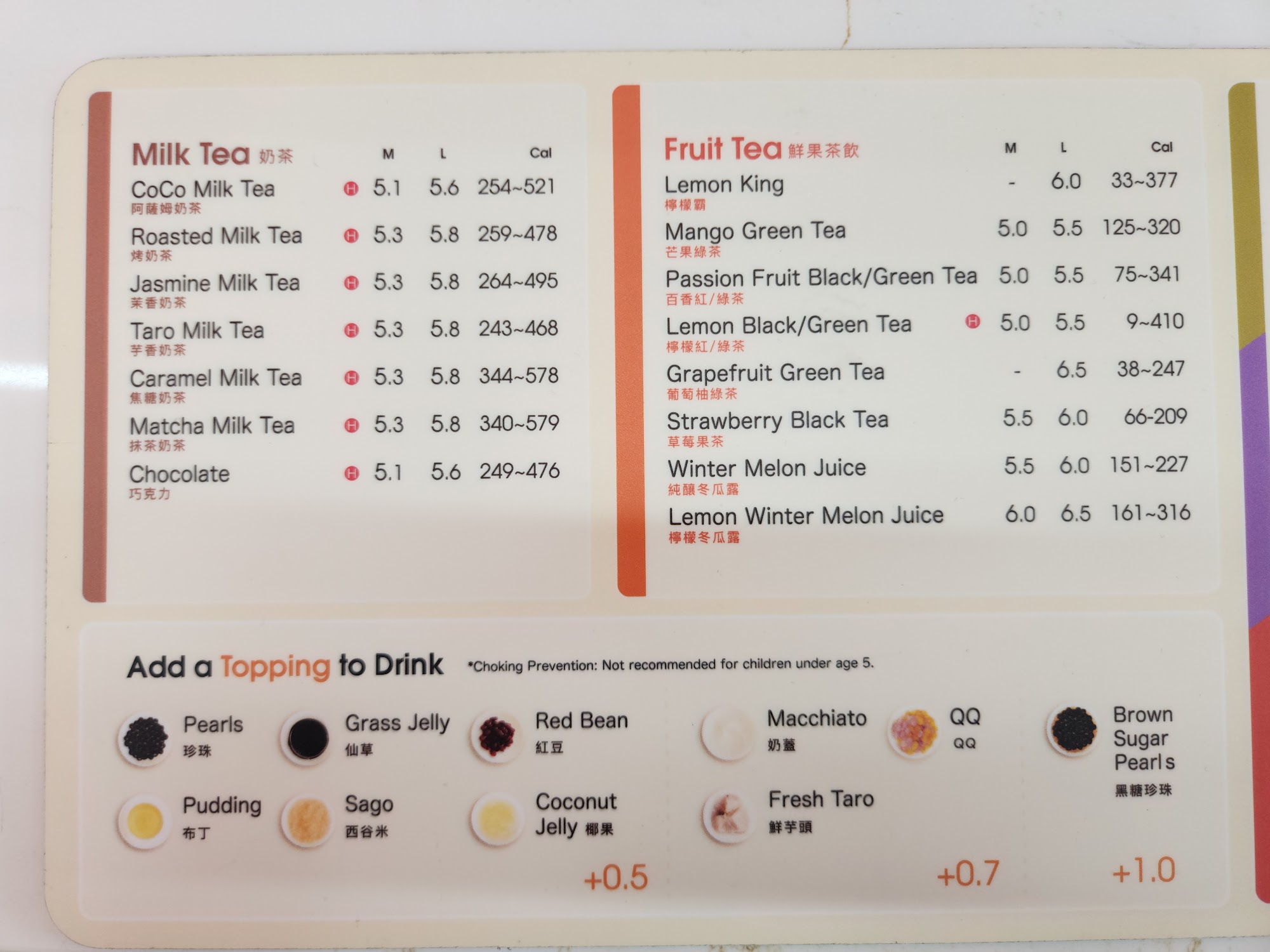 CoCo Fresh Tea & Juice Menu