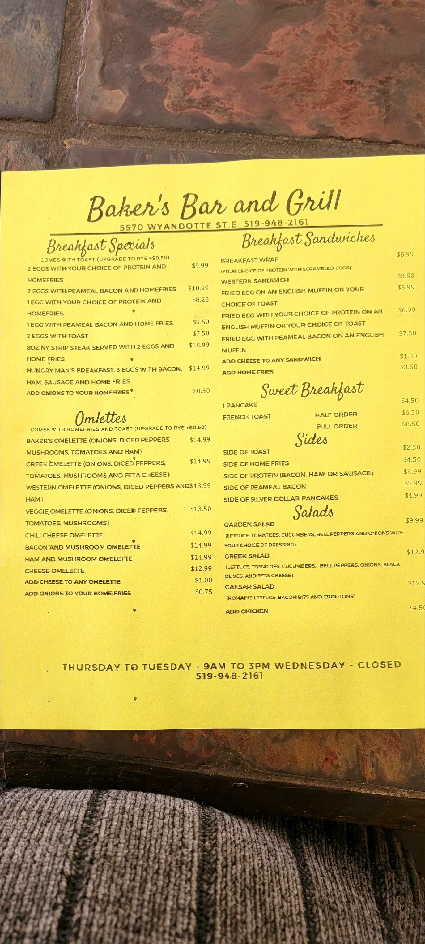 Baker's Bar & Grill Menu