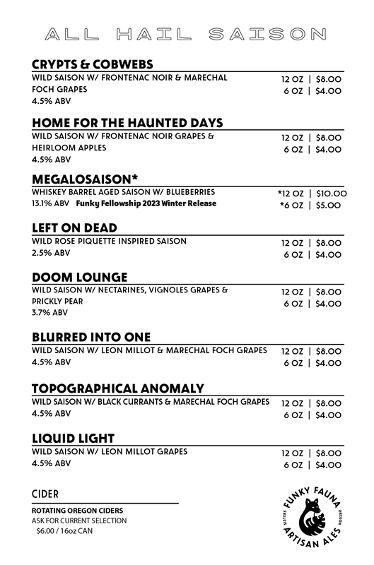 Funky Fauna Artisan Ales Menu