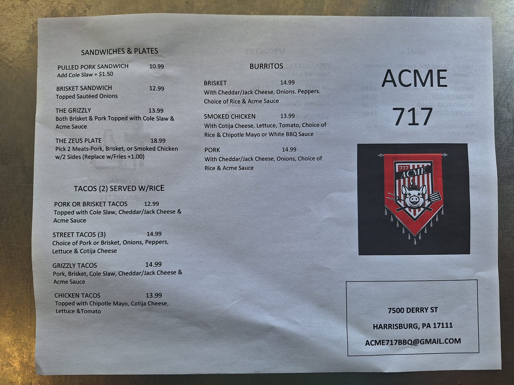 717 ACME BBQ Menu