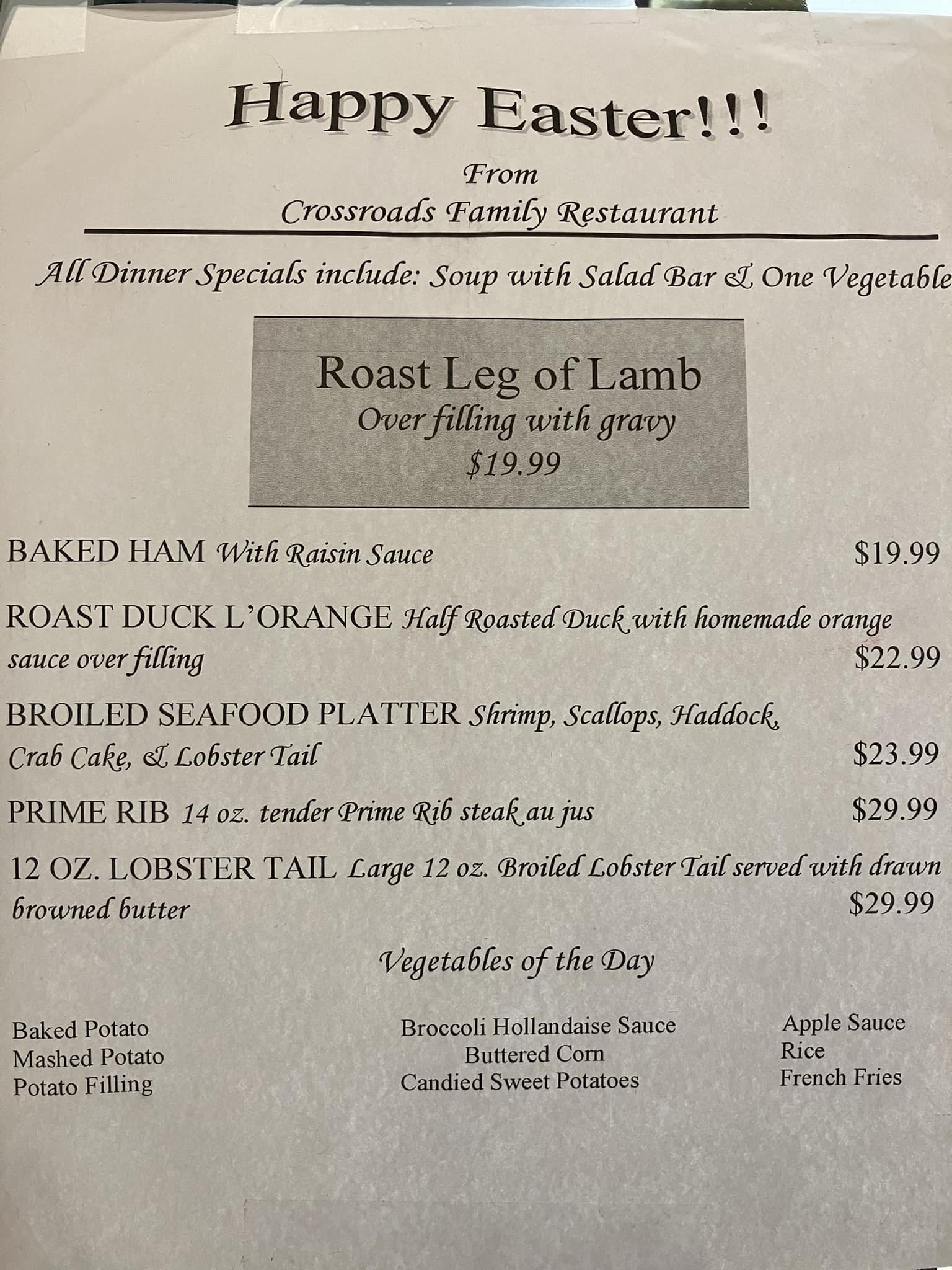 Crossroads Family Restaurant Menu
