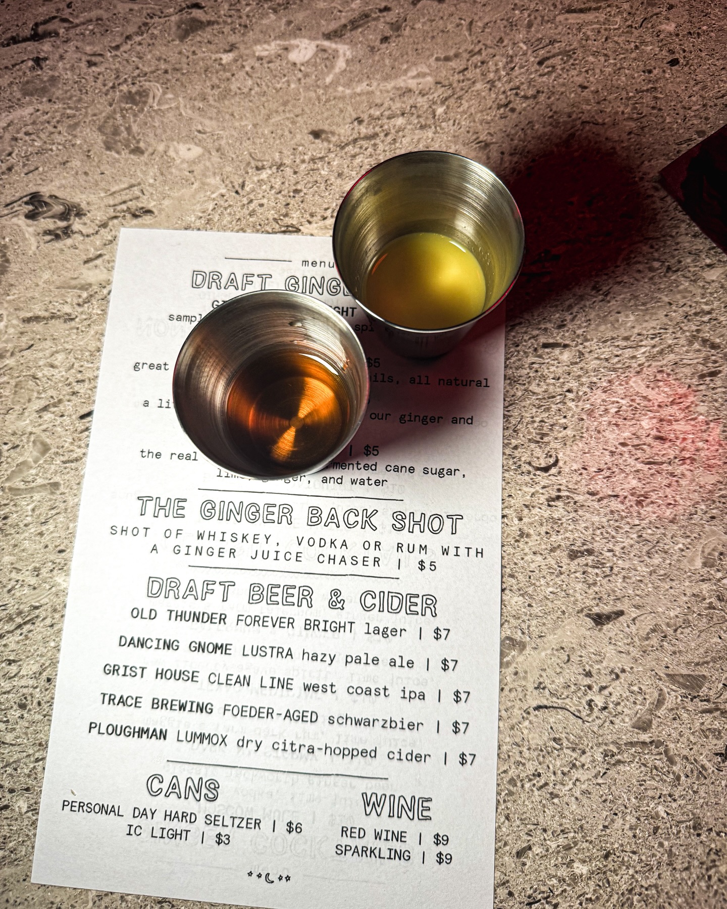 Jackworth Ginger Beer Menu