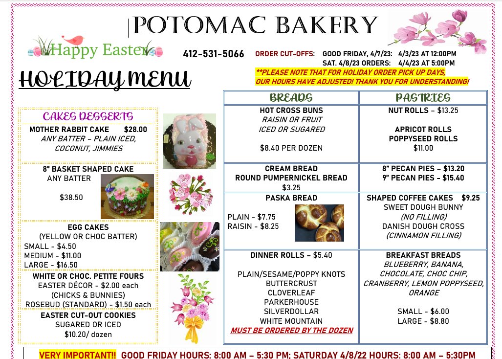 Potomac Bakery Menu