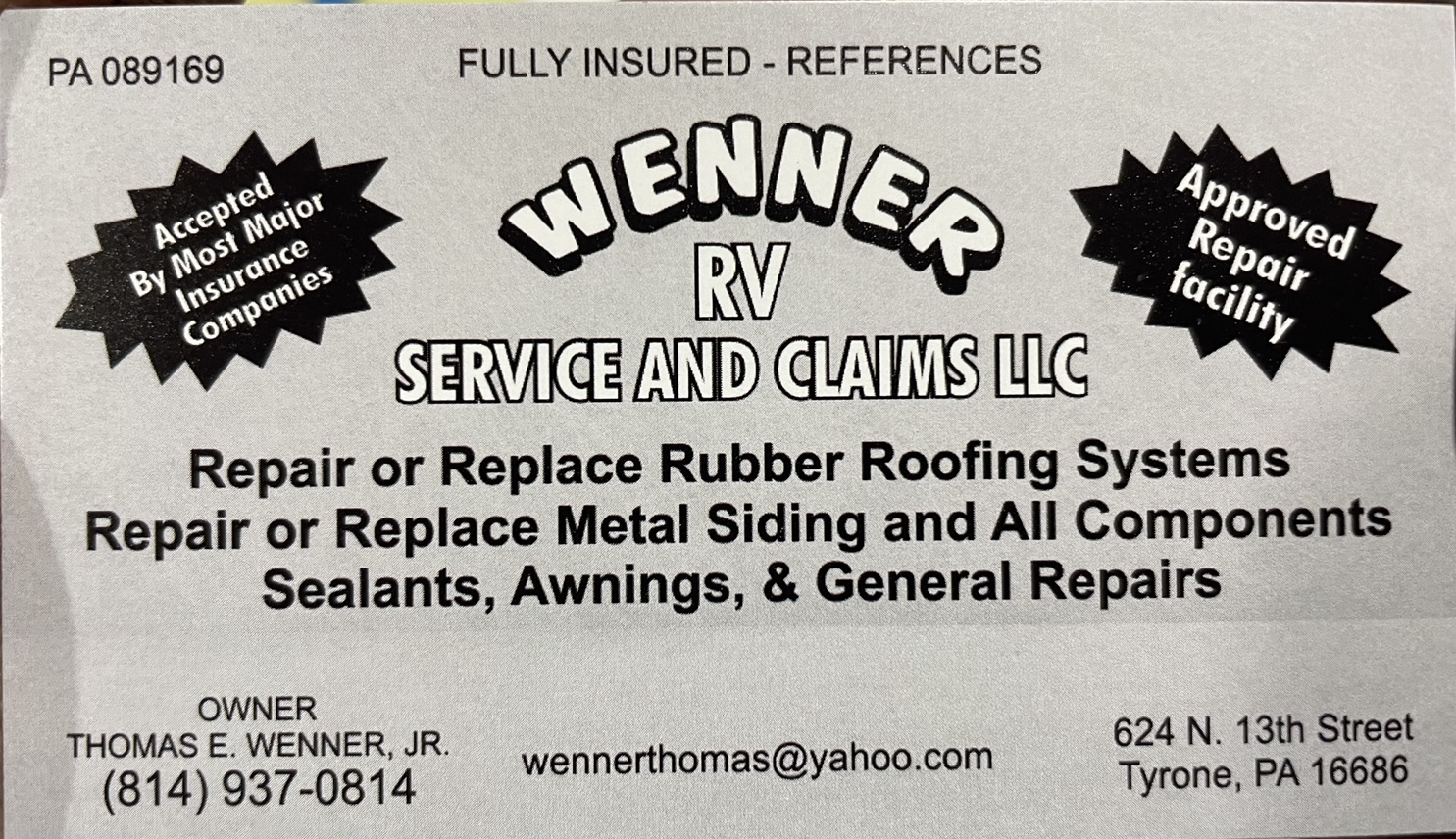 Wenner RV Service and Claims LLC 624 N 13th St, Tyrone Pennsylvania 16686