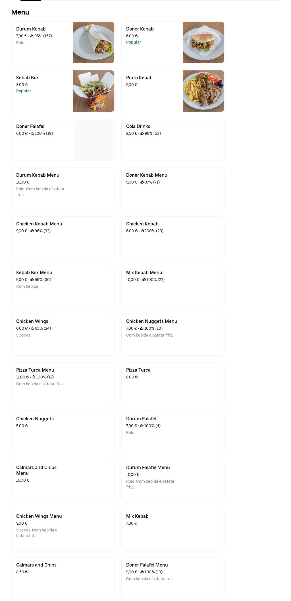 Rocha Doner Kebab Menu