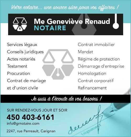 Geneviève Renaud Notaire 2247 Rue Perreault, Carignan Quebec J3L 0K1