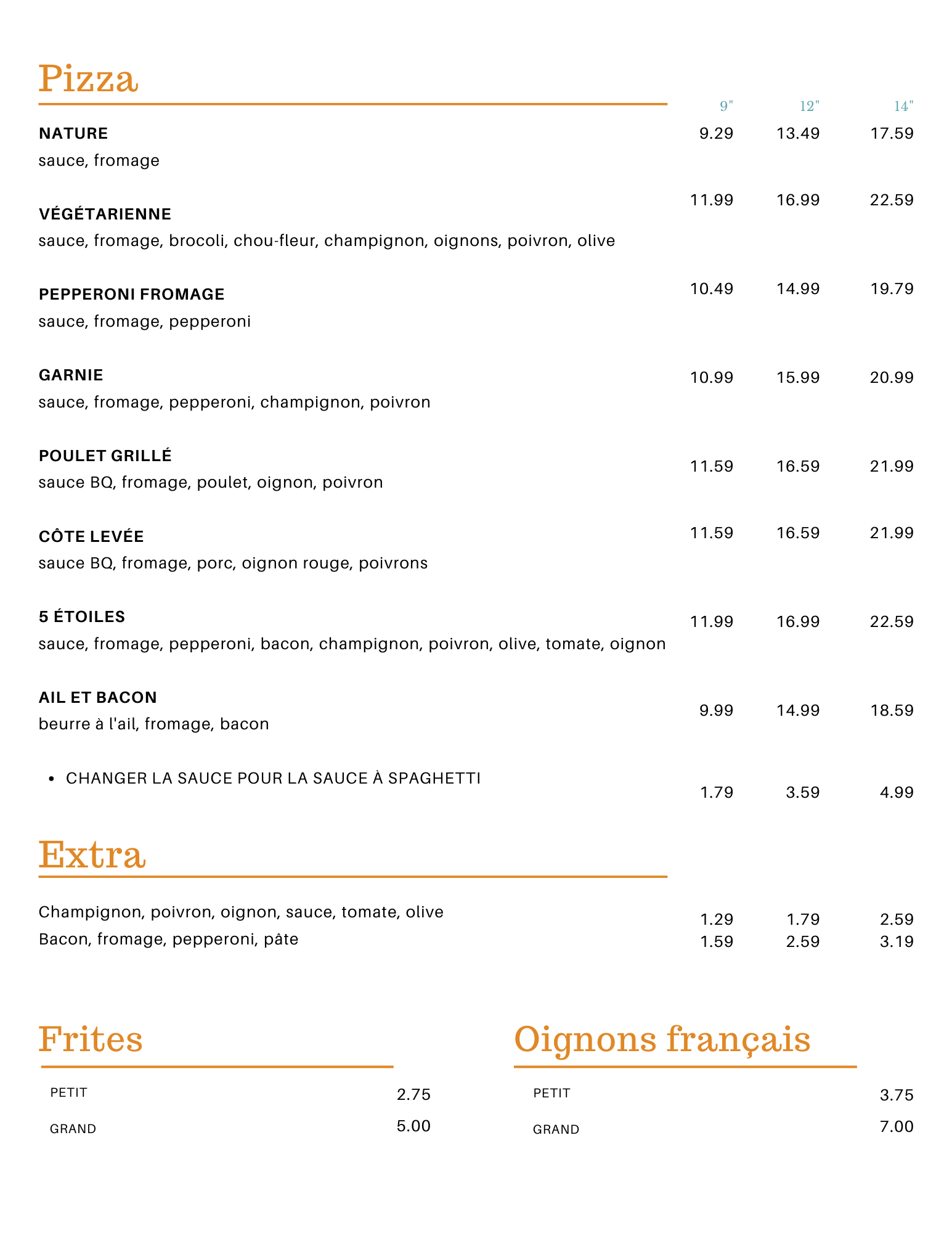 Alimentation du Manoir Inc Menu