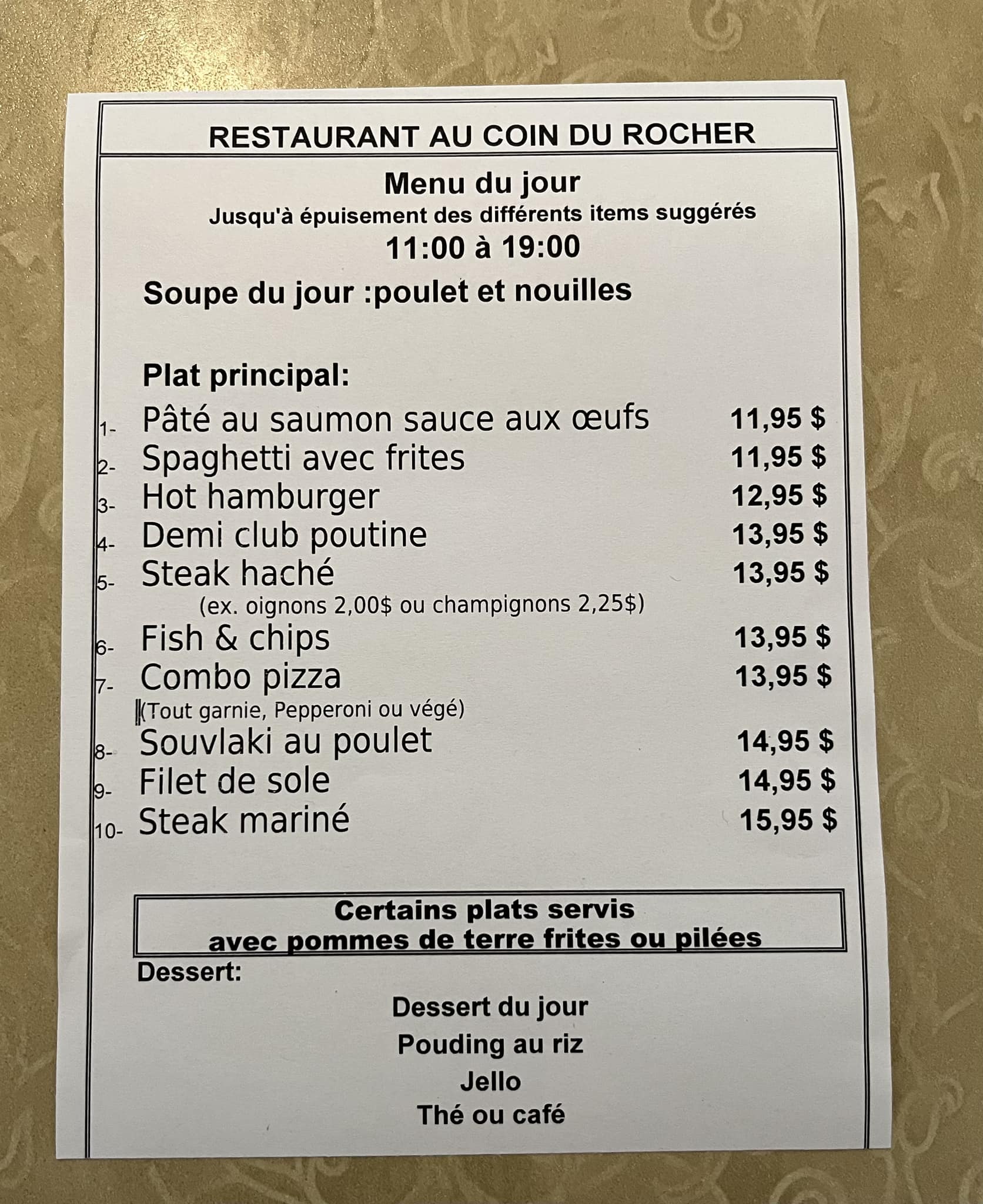 Au Coin Du Rocher Menu