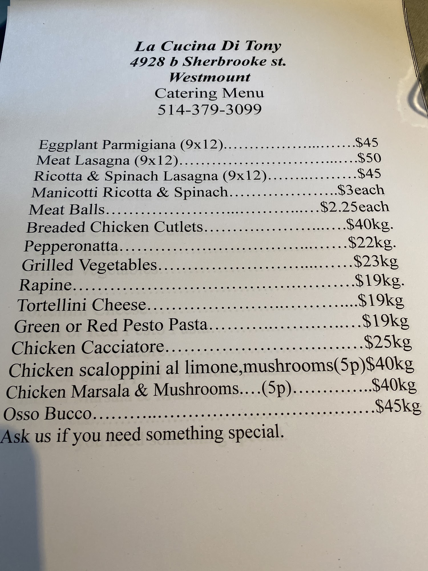 La Cucina Di Tony Menu