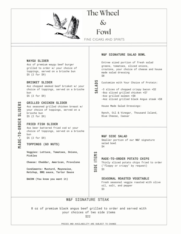 The Wheel & Fowl Fine Cigars and Spirits Menu