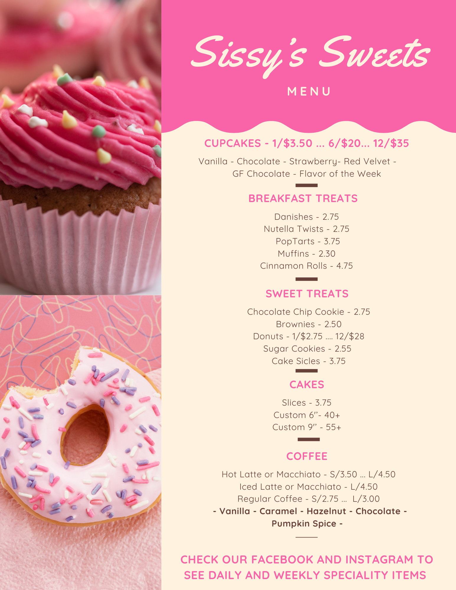 Sissy's Sweets Menu