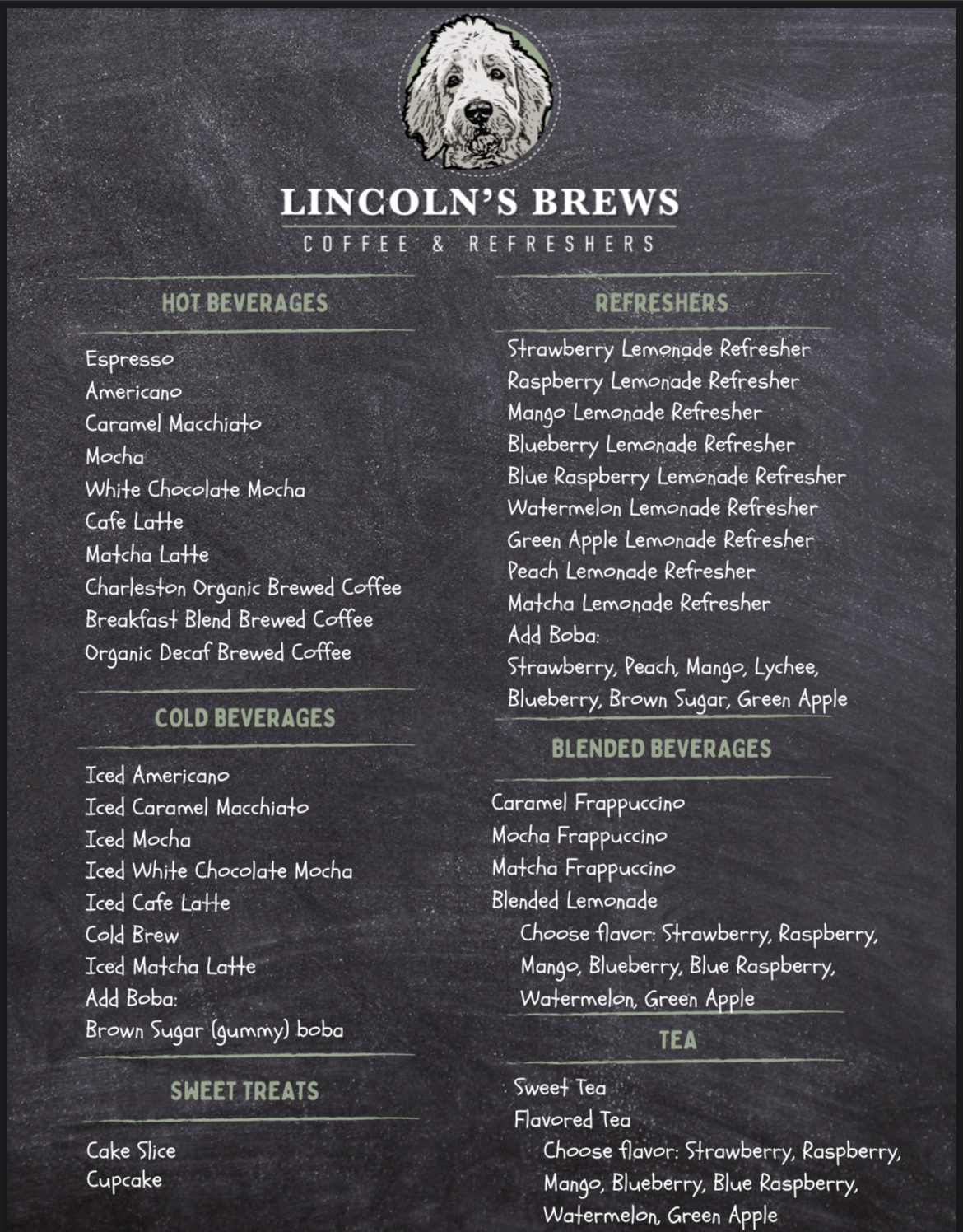 Lincoln's Brews (Coffee & Refreshers) Menu