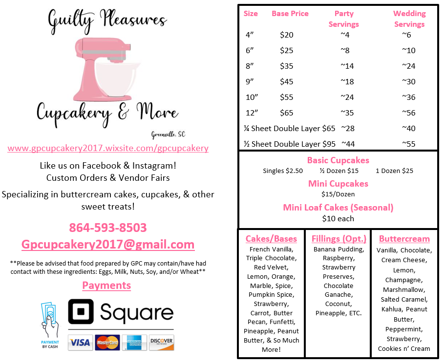 Guilty Pleasures Cupcakery & More Menu