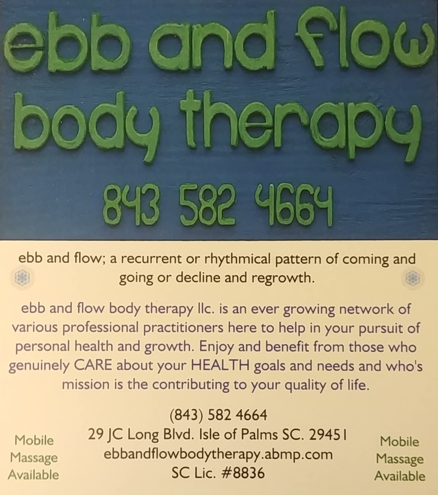 ebb and flow body therapy LLC 29 J C Long Blvd, Isle of Palms South Carolina 29451
