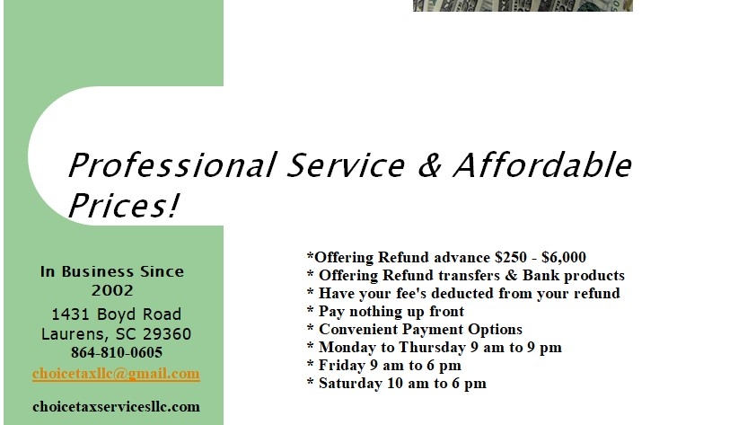 Choice Tax Services LLC 1431 Boyd Rd, Laurens South Carolina 29360