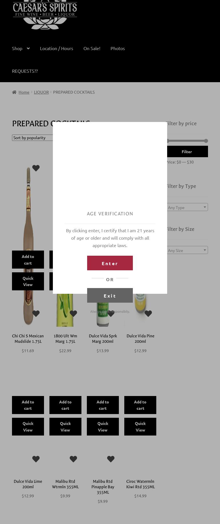 Caesar's Spirits Menu