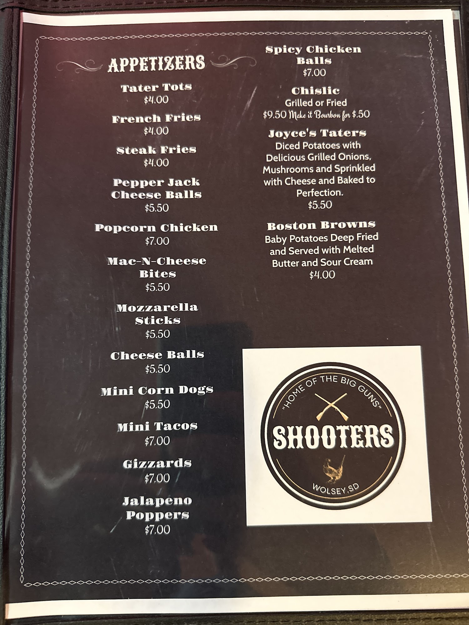Shooters Saloon Menu