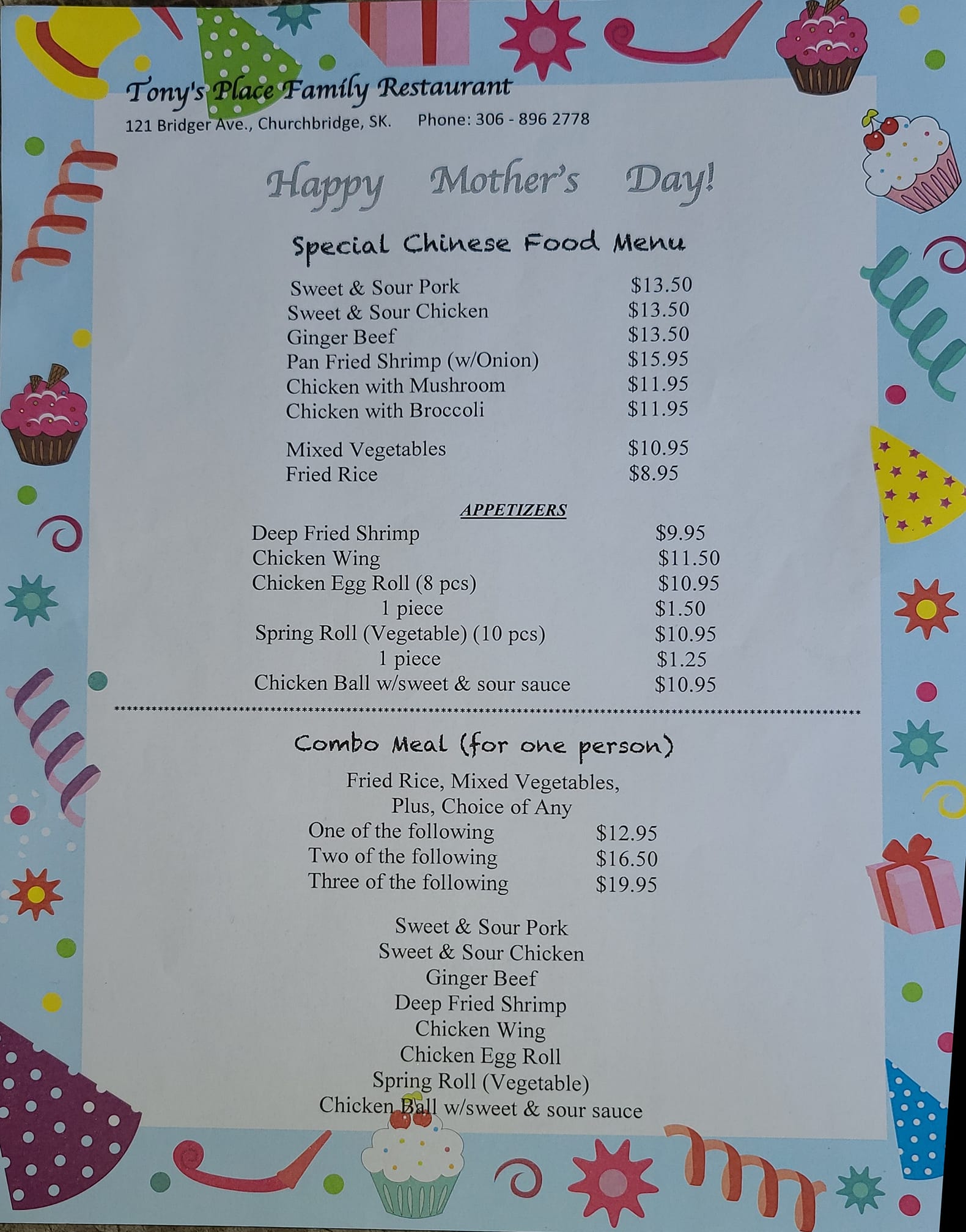 Tony's Place Menu