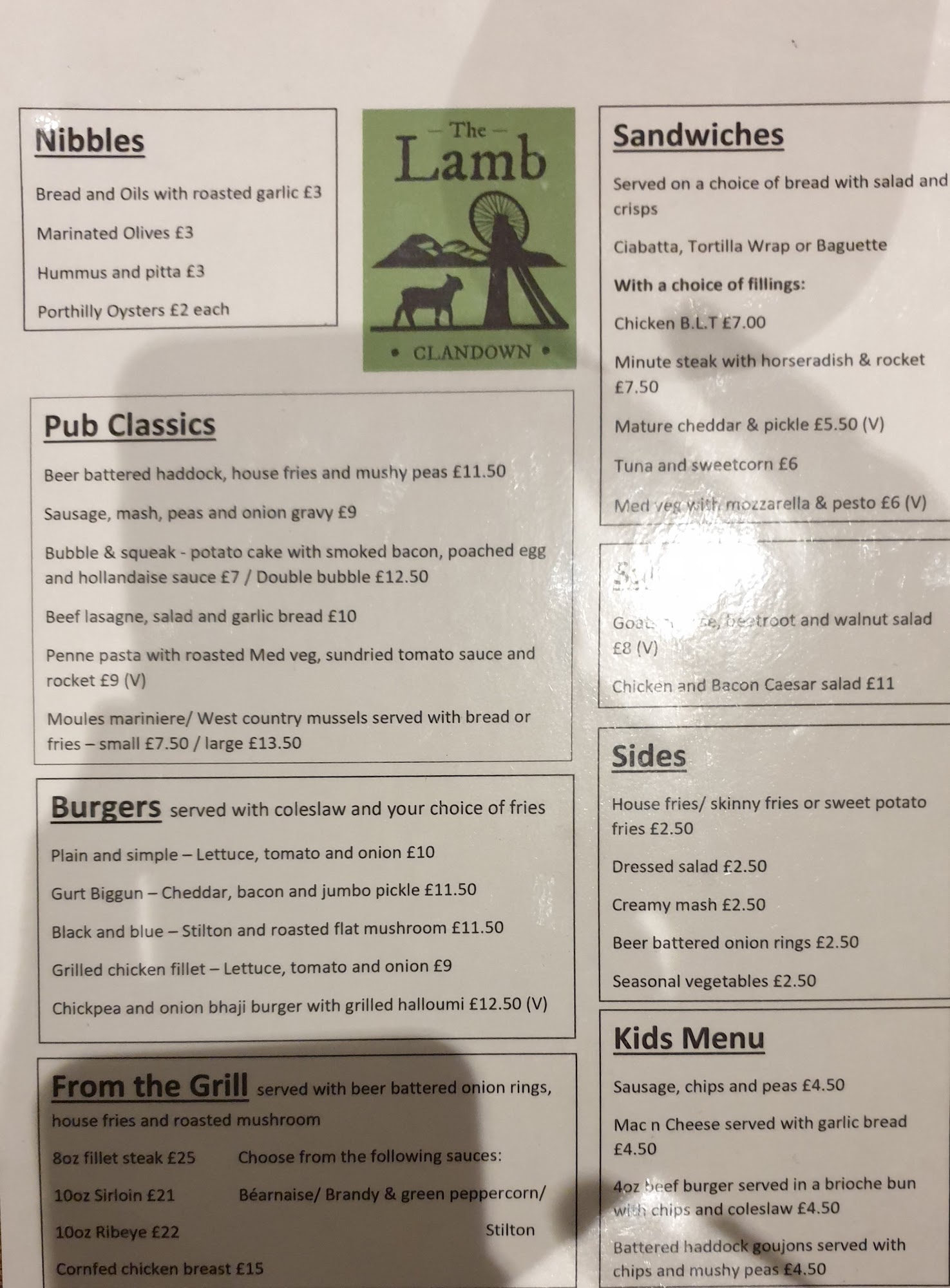 The Lamb inn clandown Menu