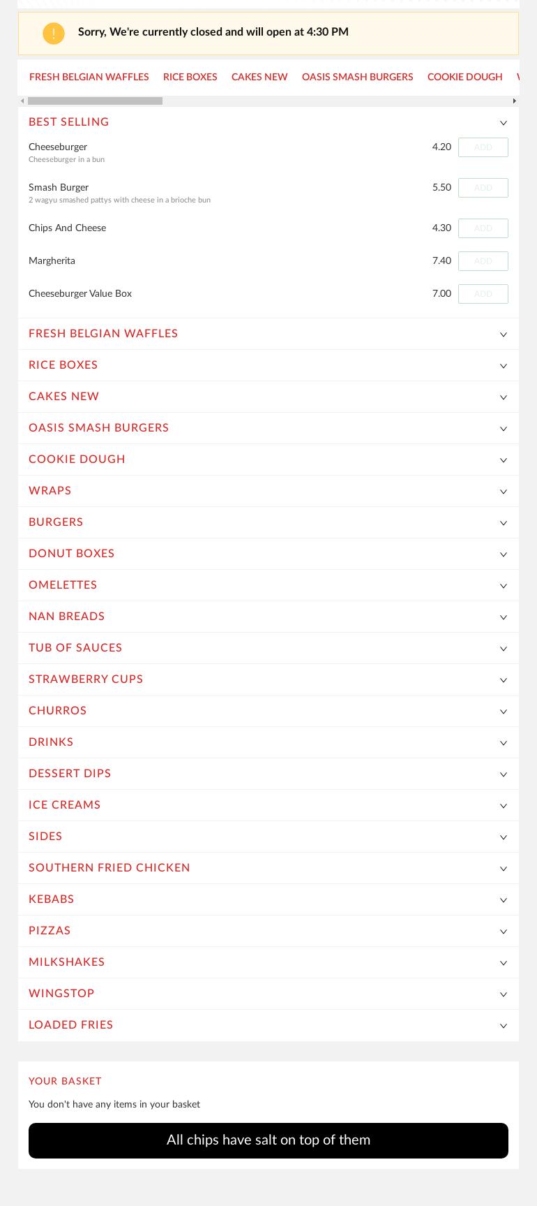 Oasis Fast Food Menu