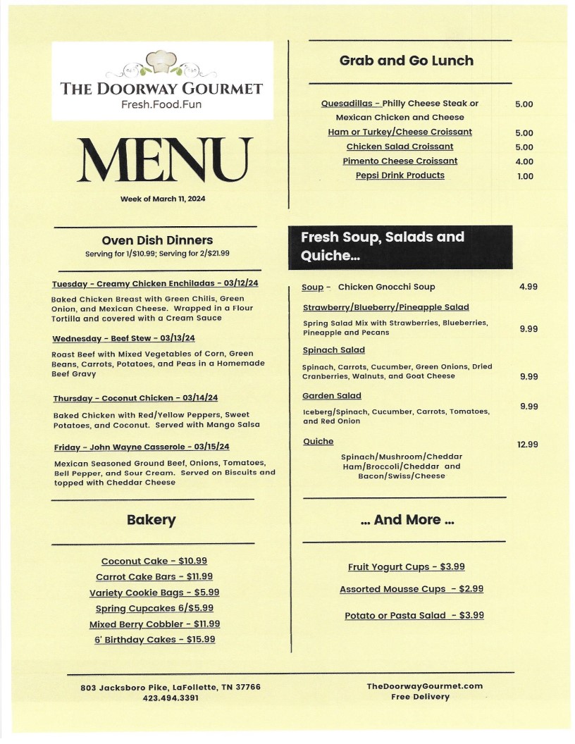 The Doorway Gourmet Menu