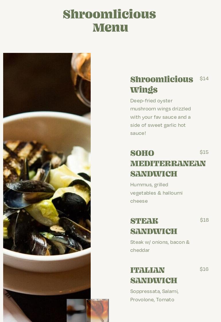 Shroomlicious Meals Menu