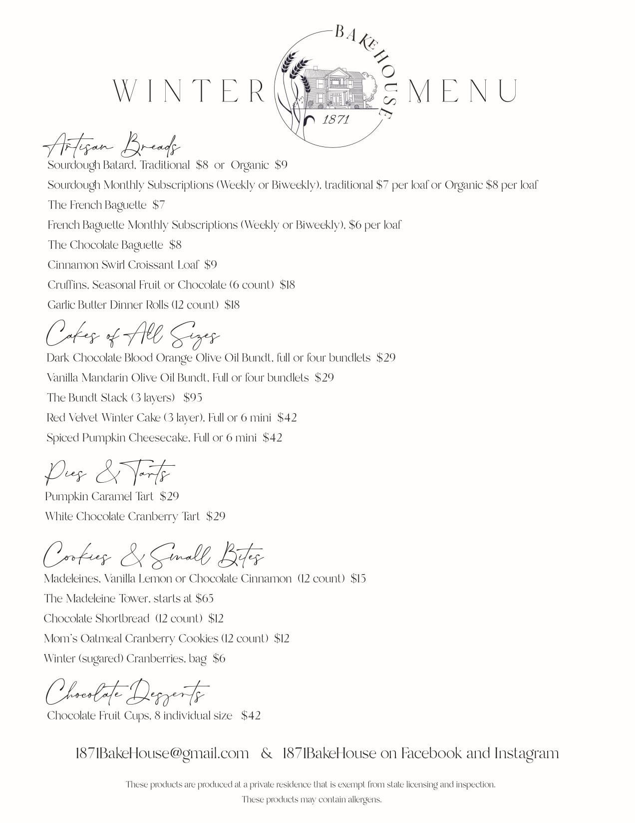 The Bakery at 1871 Menu