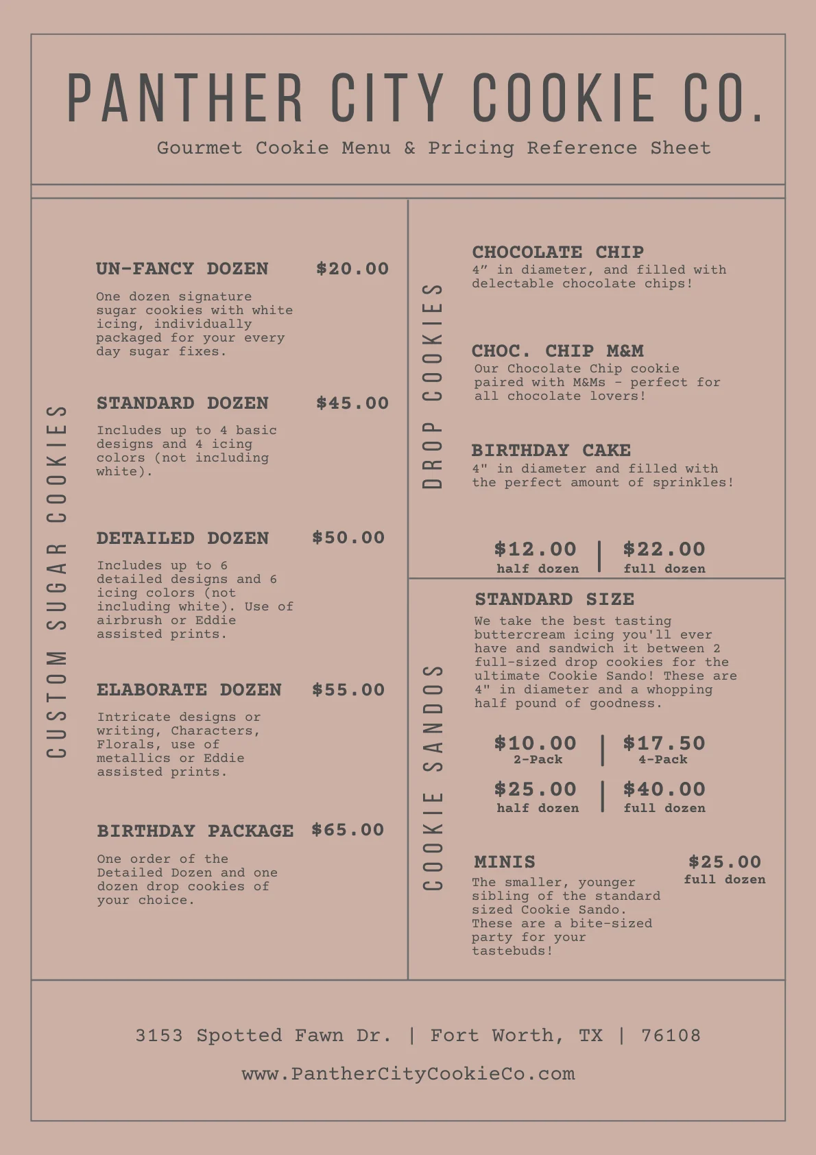 Panther City Cookie Co. Menu