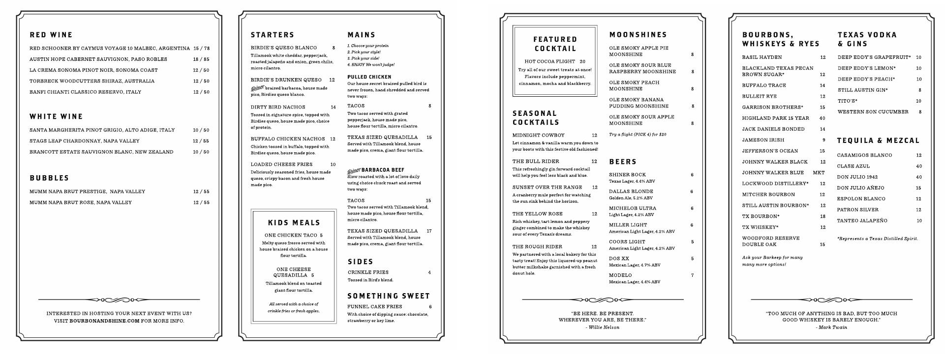 Bourbon & Shine Menu