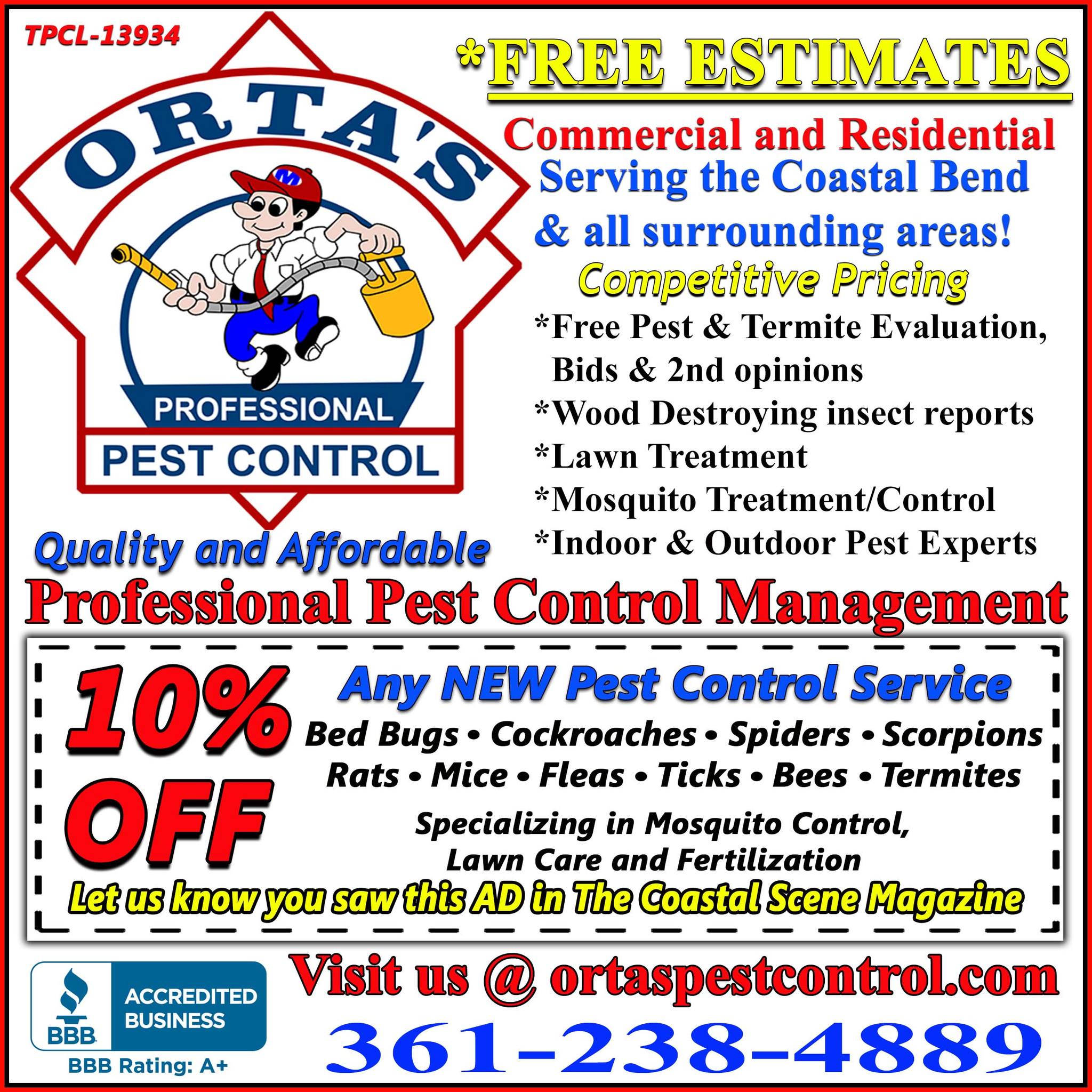 Orta's Professional Pest Control 3029 Main St Suite A, Ingleside Texas 78362