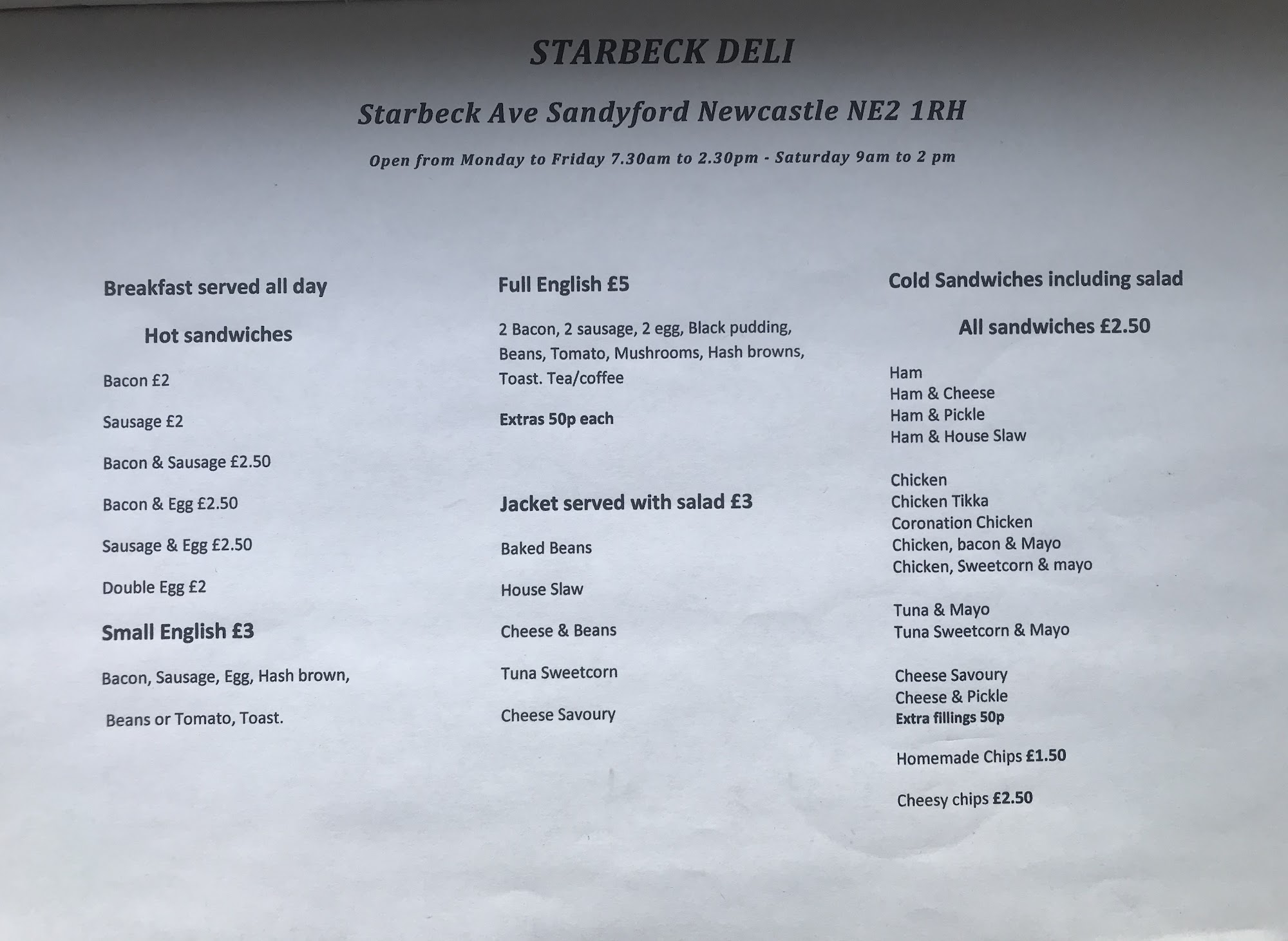 Starbeck Deli Menu