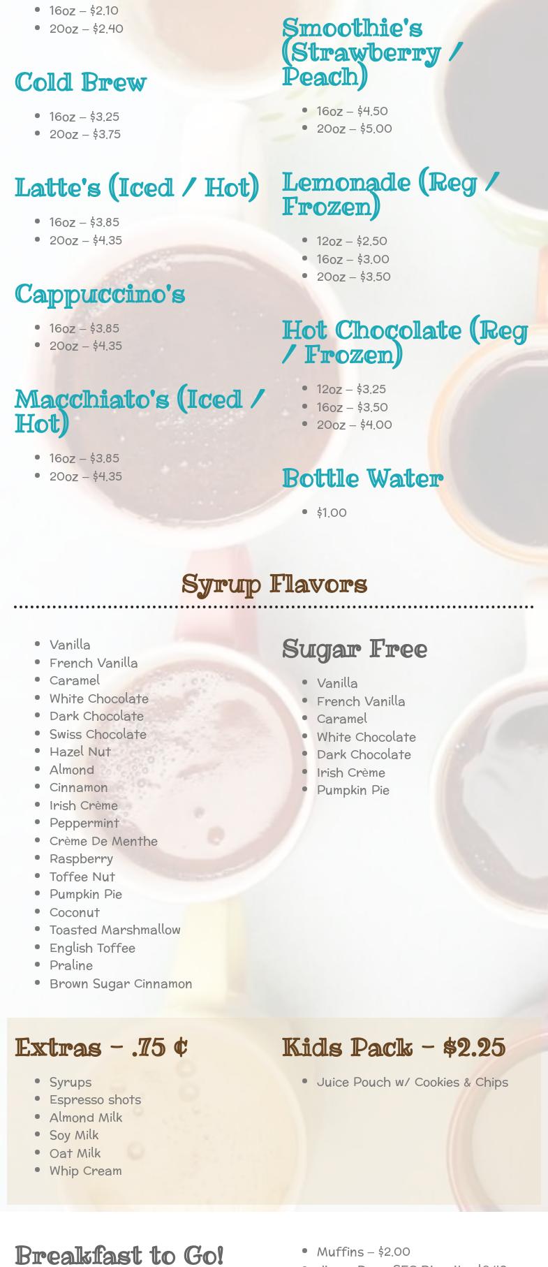 Hamlett House Coffee Menu