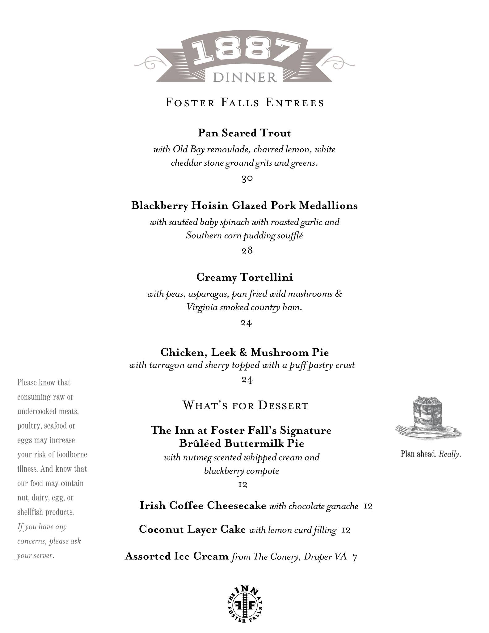 1887 Restaurant at Foster Falls Menu