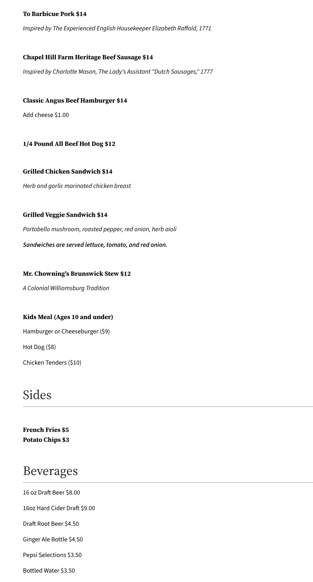 Chowning’s Garden Bar Menu