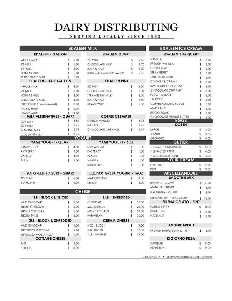 Dairy Distributing Inc Menu
