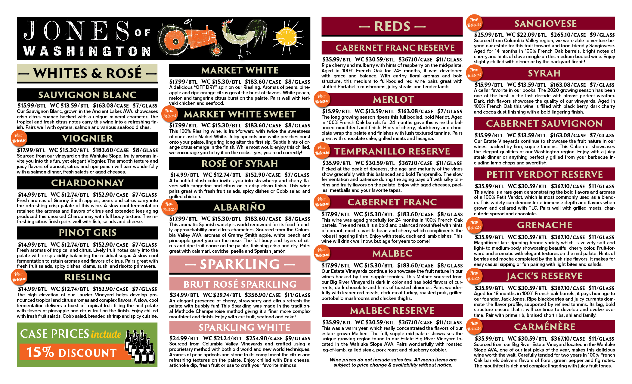 Jones of Washington Quincy Tasting Room Menu