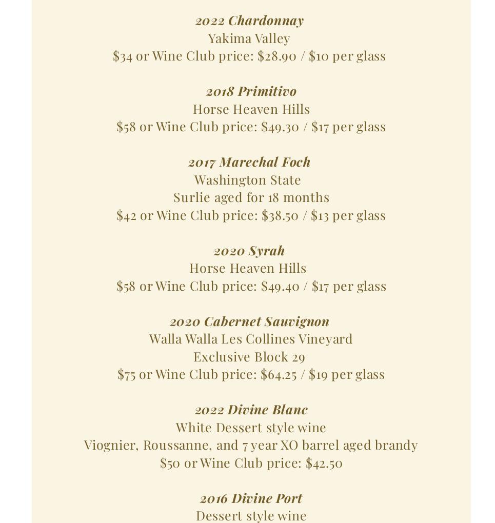 Confluence Winery Menu