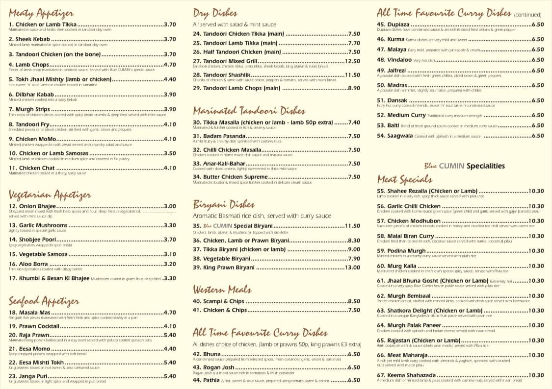 The Blue Cumin Menu