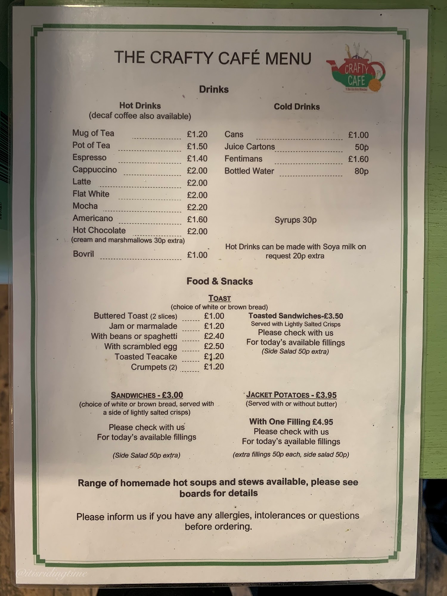 Caffi'r Hen Siop Menu