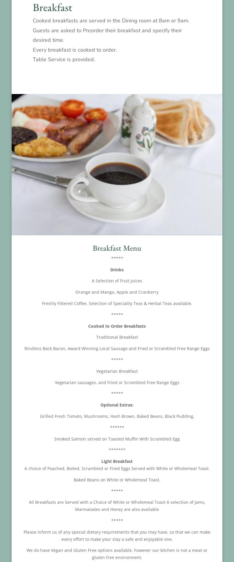 Estuary Lodge Motel Menu
