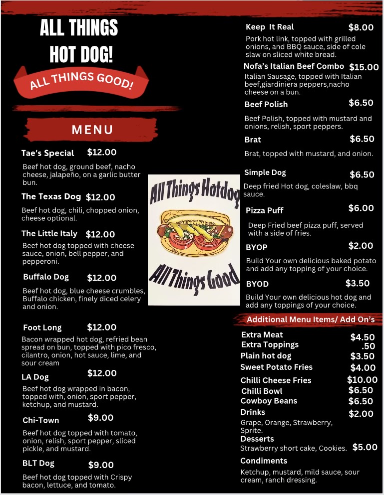 All Things Hotdog Menu