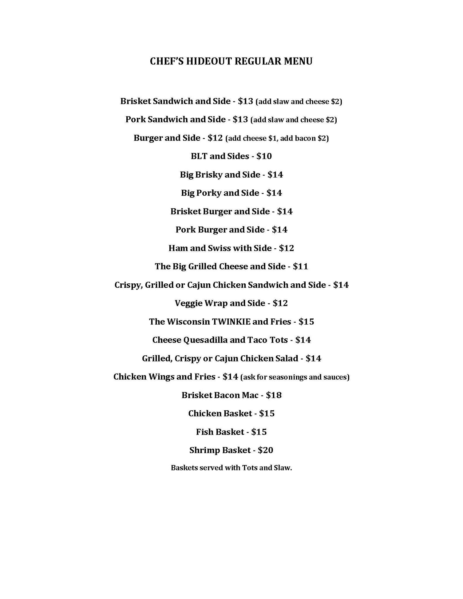 Chef's Hideout Mobile Kitchen & To-Go Ordering Menu