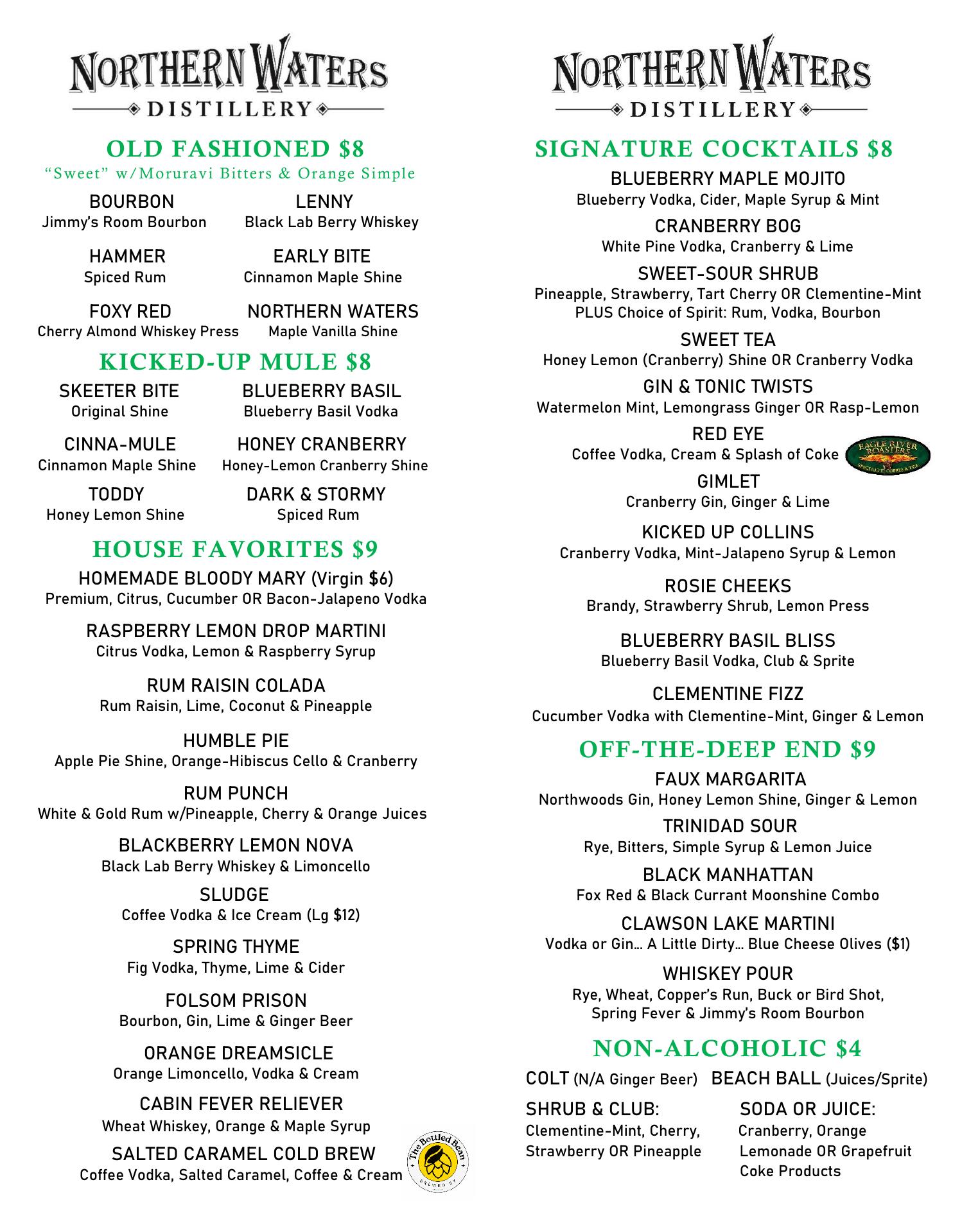 Northern Waters Distillery Menu