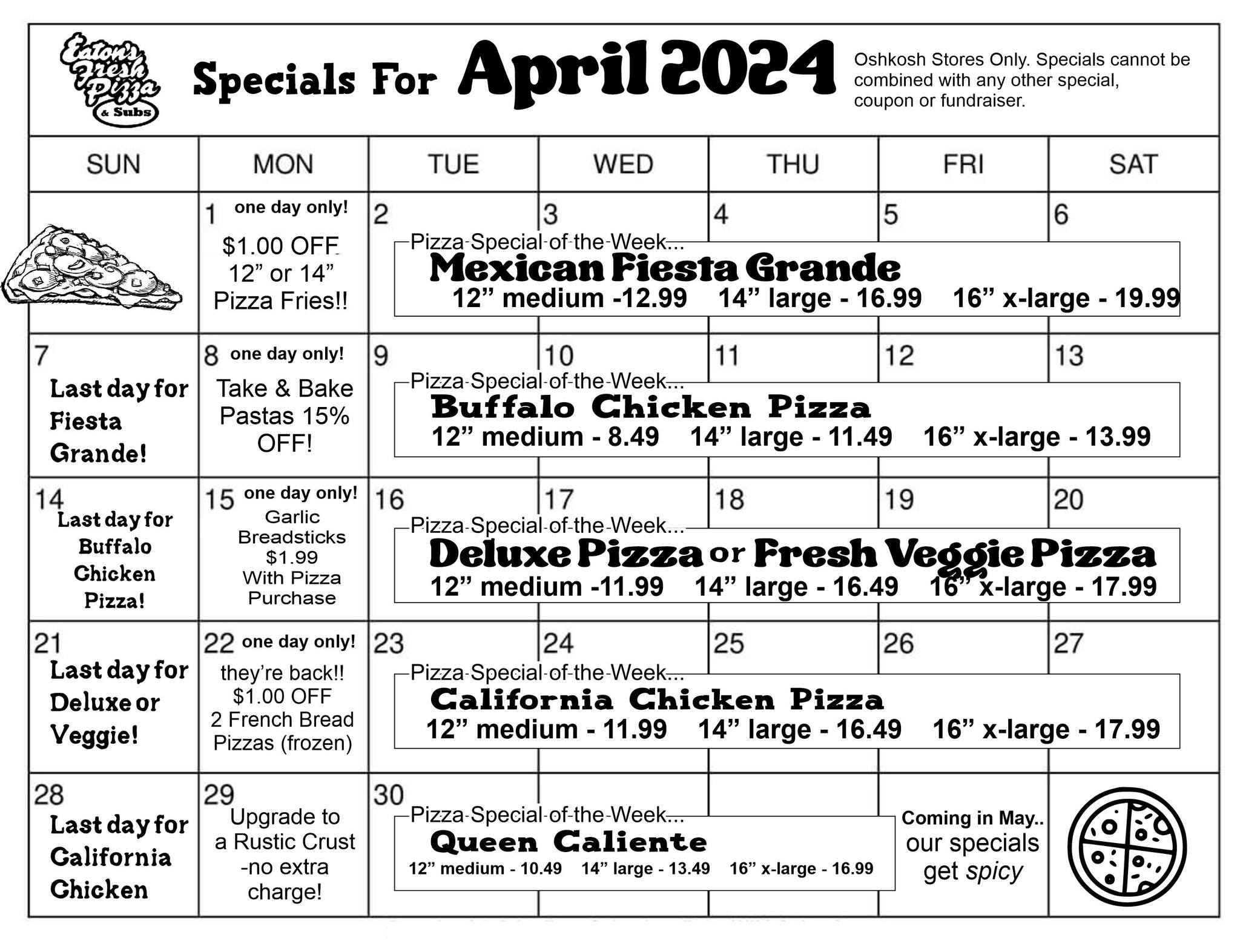 Eaton's Fresh Pizza Menu
