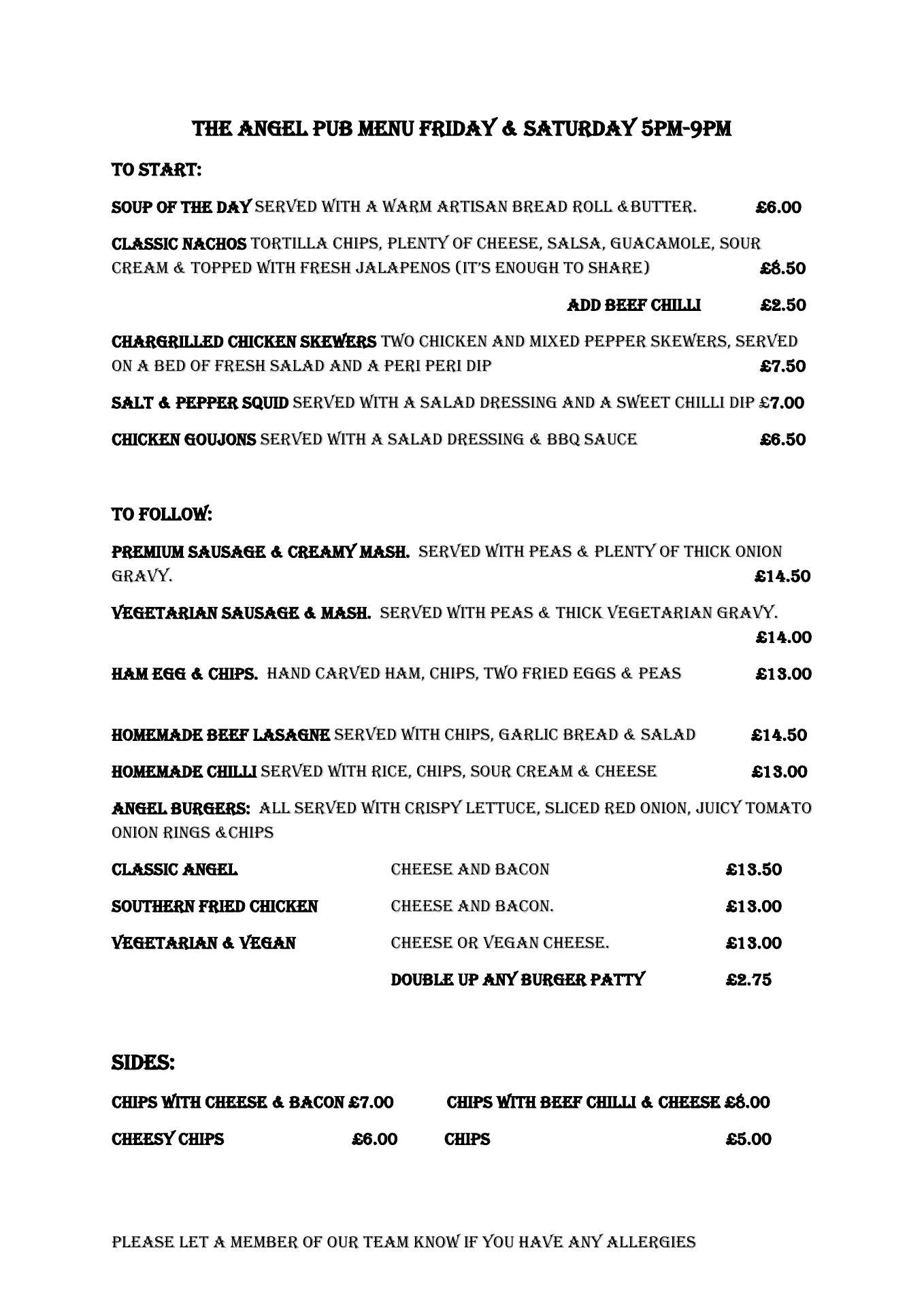 The Angel, Purton Menu