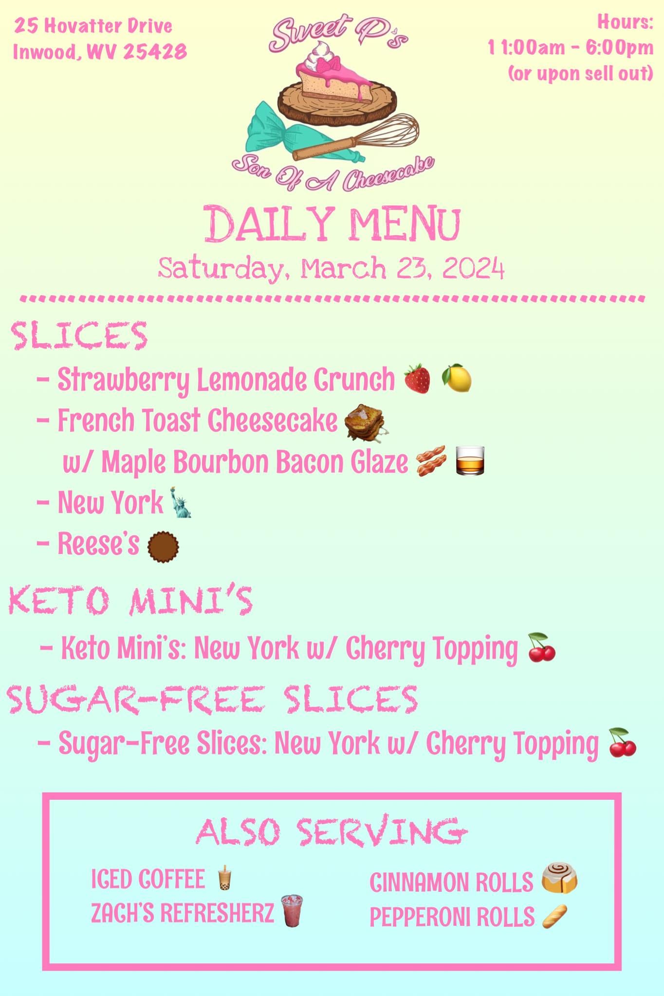 Sweet P's Son Of A Cheesecake LLC Menu