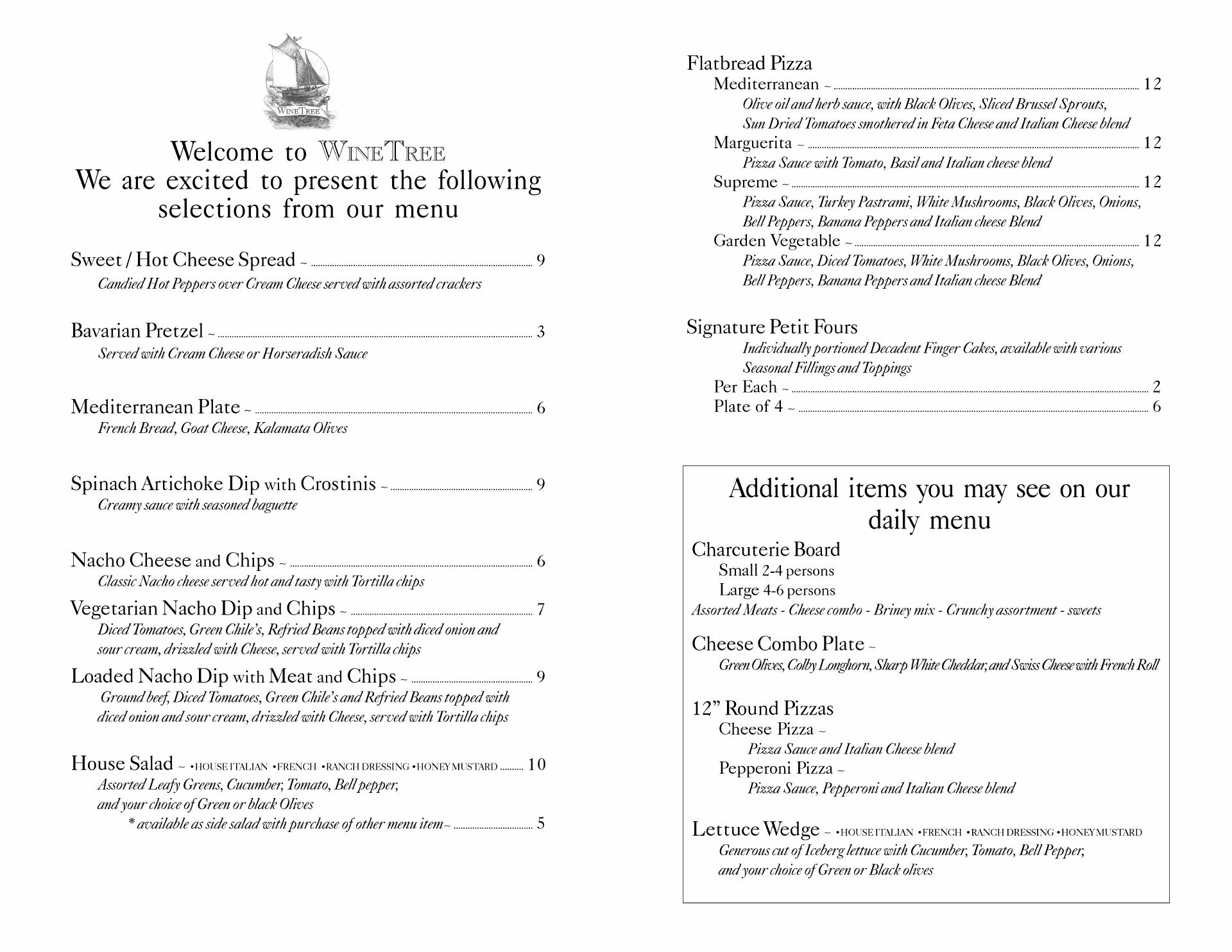 WineTree Vineyards Menu